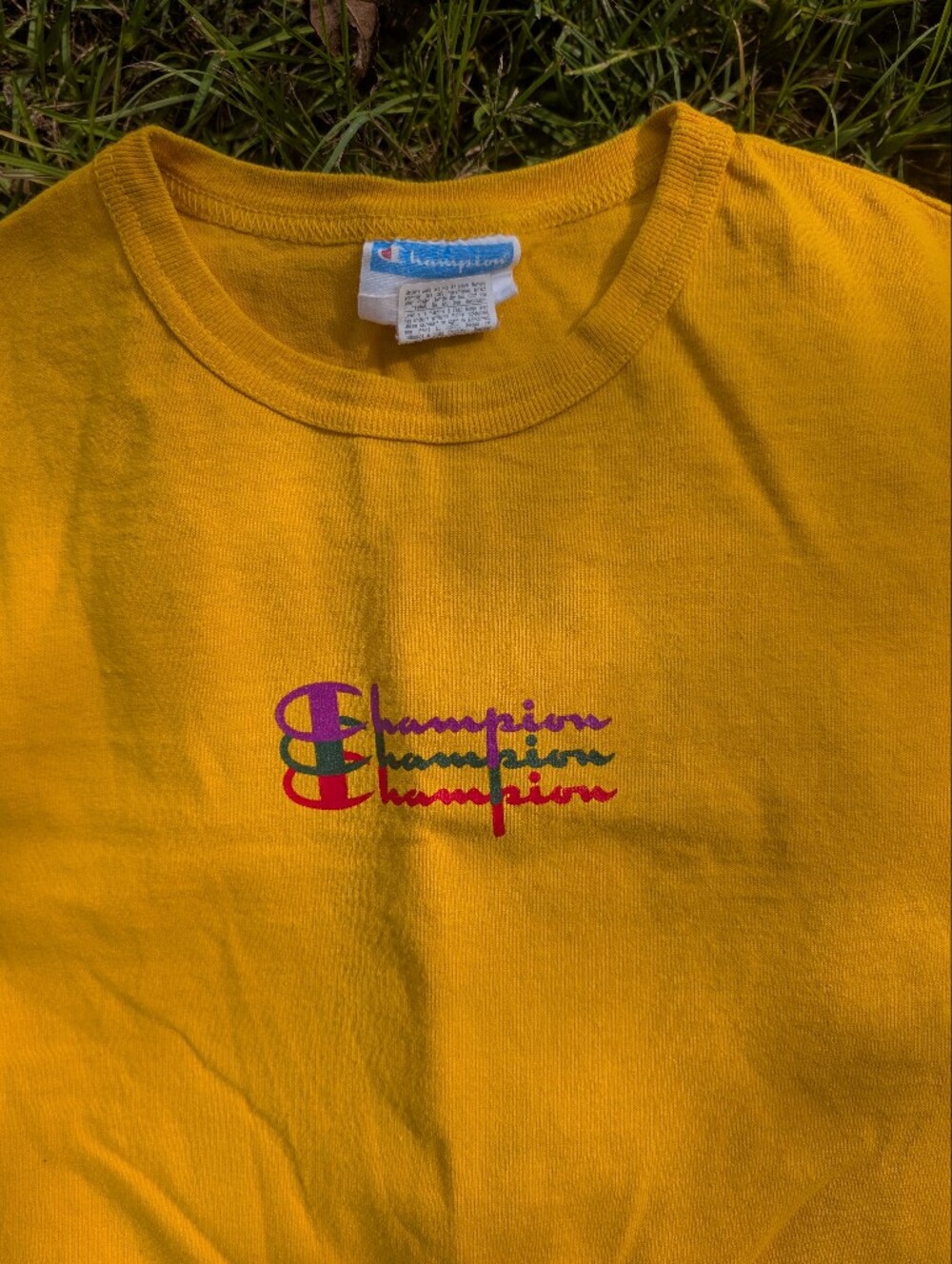 VINTAGE Champion Men's Golden Yellow Logo Short Sleeve Tee